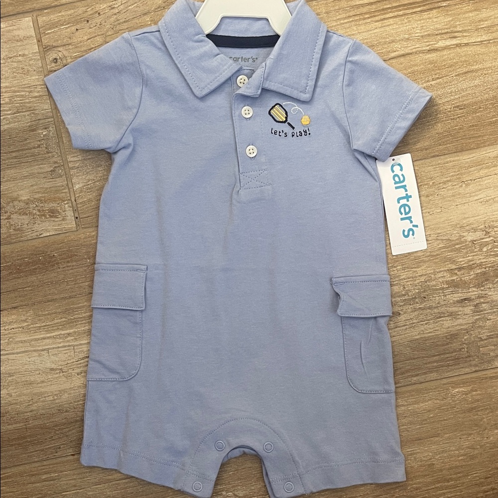 Carter's Pale Blue Polo Romper with 'Let's Play' Pickleball Embroidery 6months